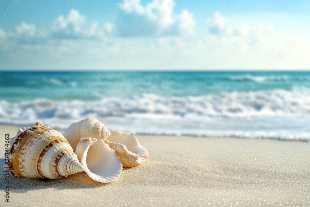 Seashells on a Sandy Beach with a Blurry Ocean Background Seashells on a Sandy Beach with a Blurry Ocean Background