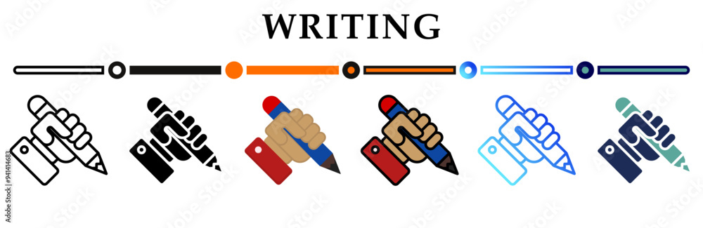 Writing icon on banner web icons collection. 6 Various style icons. For sign, symbol, element, presentation, infographic or web graphics. Vector Illustration. Writing icon on banner web icons collection. 6 Various style icons. For sign, symbol, element, presentation, infographic or web graphics. Vector Illustration.