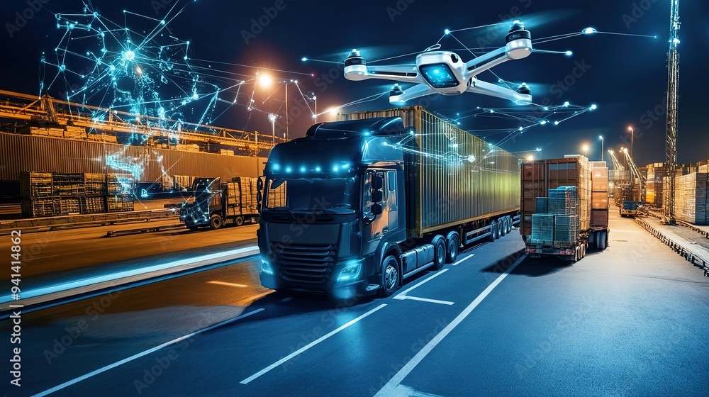 A high-tech truck and drone conducting nighttime logistics operations in a shipping yard with illuminated containers and network connections A high-tech truck and drone conducting nighttime logistics operations in a shipping yard with illuminated containers and network connections