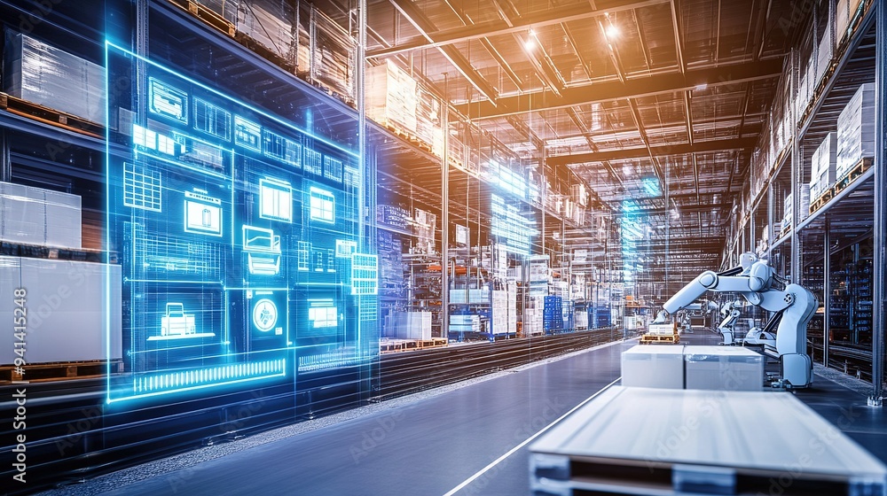 Fototapeta premium Advanced robotic automation in a modern warehouse with digital monitoring in progress