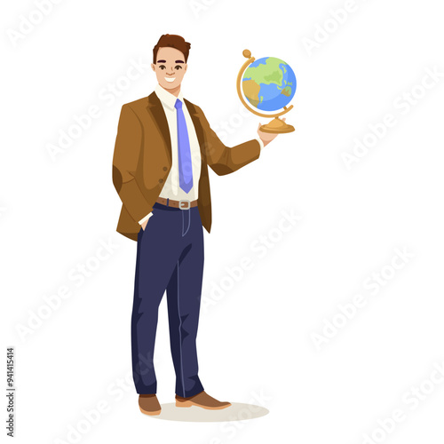 A man in a brown blazer and blue pants holding a globe. Cartoon style on a white background. Concept of education and geography. Vector illustration