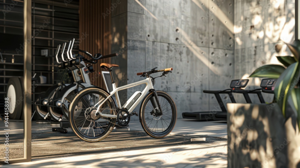 Depict an e-bike with a sporty design parked near a modern fitness center, Depict an e-bike with a sporty design parked near a modern fitness center,