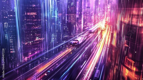 Vibrant cityscape at night featuring illuminated trains traveling through a futuristic urban environment filled with colorful lights