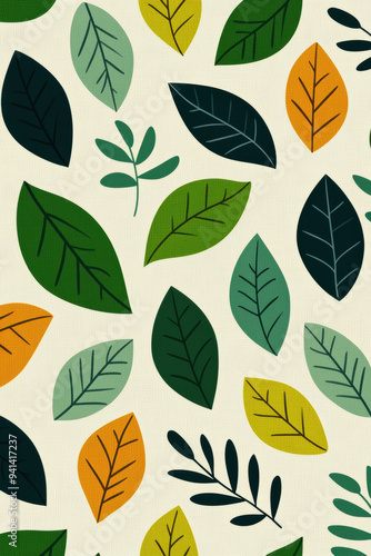 Vibrant seamless pattern with green, yellow, and blue leaves on a light background. Ideal for textiles, wallpapers, and nature-themed designs.