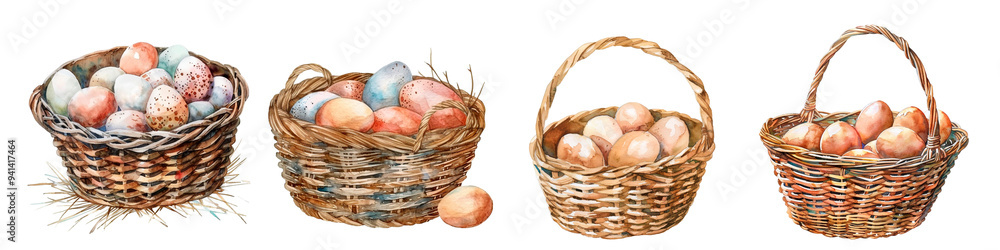 Watercolor set with baskets of farm eggs. Farm eggs of chickens, turkeys, ducks and others. Salty chicken eggs in a basket. Fnrmer organic products. Watercolor set with baskets of farm eggs. Farm eggs of chickens, turkeys, ducks and others. Salty chicken eggs in a basket. Fnrmer organic products.