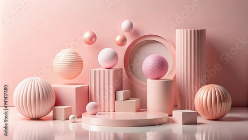 Abstract composition with geometric shapes in pastel pink tones, including spheres, cylinders, and decorative elements