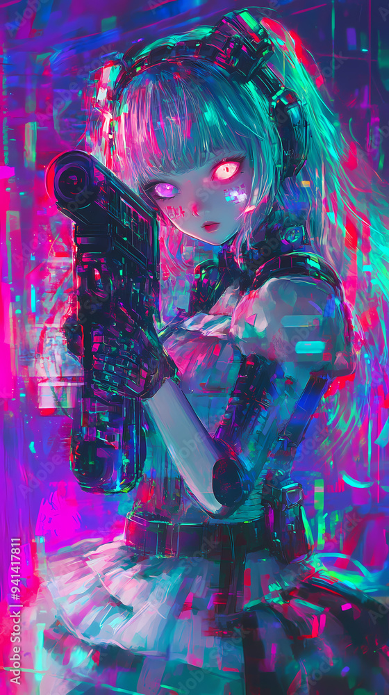 Anime Girl with Weapon and Gun Cyborg Sci-Fi Fantasy Synthwave Phone Wallpaper Anime Girl with Weapon and Gun Cyborg Sci-Fi Fantasy Synthwave Phone Wallpaper