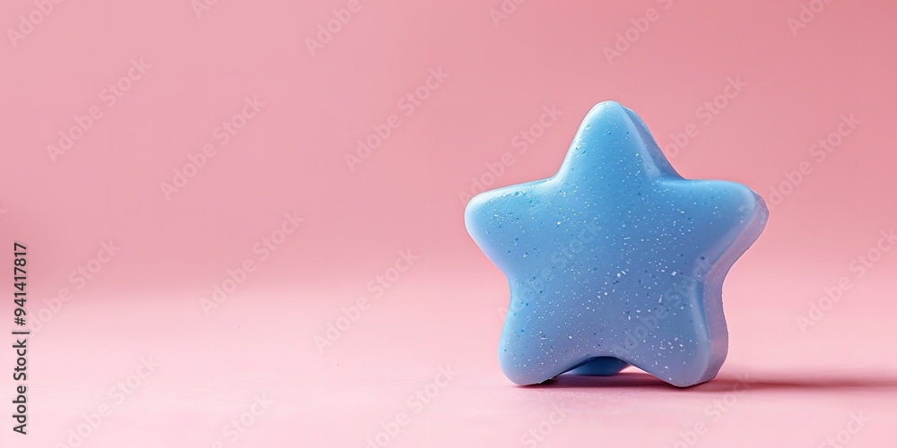 A close-up and top view of a blue star-shaped soap with text space on a soft pink background for backdrop use, Generative AI. A close-up and top view of a blue star-shaped soap with text space on a soft pink background for backdrop use, Generative AI.