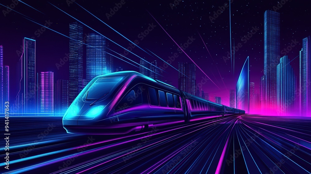 Fototapeta premium Futuristic train travels through a neon-lit cityscape at night, showcasing vibrant colors and sleek design amidst towering skyscrapers