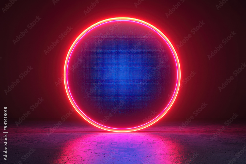 Obraz na plátně Glowing neon circle with vibrant colors on a textured dark background, perfect for modern design and futuristic themes