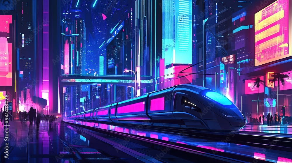 Fototapeta premium Futuristic high-speed train passing through a vibrant neon city at night under a starry sky