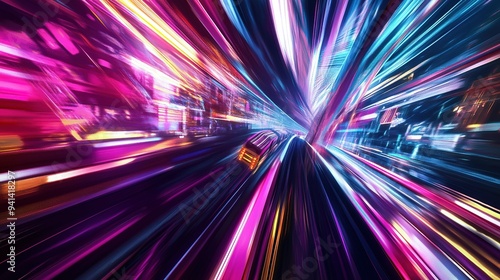 A vibrant display of neon lights swirling in a futuristic cityscape at night  capturing the sensation of speed and movement