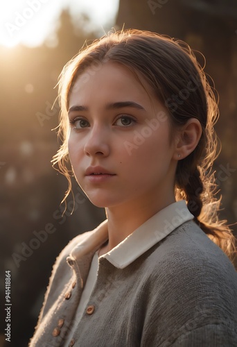 A young woman with long brown hair, wearing a light brown shirt, looks directly at the camera with a serious expression, as the sun shines behind her, casting a warm glow on her face. photo