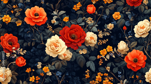 vibrant floral pattern featuring colorful flowers and dark foliage background.