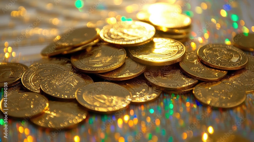 Close-up view of shiny gold coins scattered on a reflective surface, creating a vibrant and luxurious atmosphere. Close-up view of shiny gold coins scattered on a reflective surface, creating a vibrant and luxurious atmosphere.