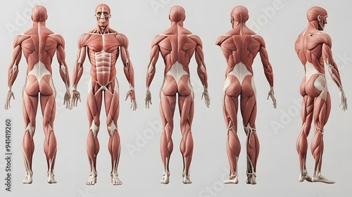 Anatomical Diagram of the Muscular System: A detailed anatomical diagram of the human muscular system, showing all major muscle groups in a realistic and scientific style.
 photo