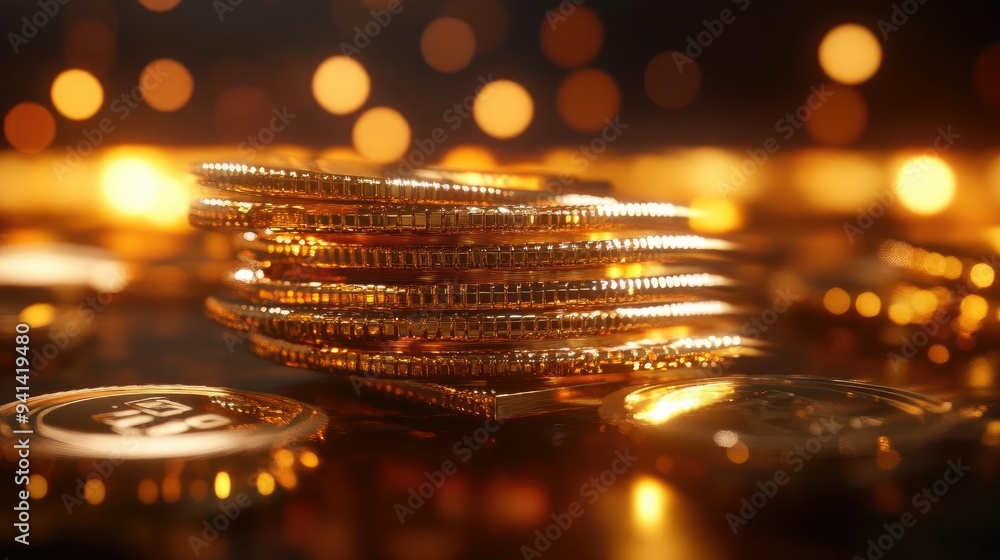 A stunning close-up of stacked golden coins against a blurred, sparkling background, symbolizing wealth and prosperity. A stunning close-up of stacked golden coins against a blurred, sparkling background, symbolizing wealth and prosperity.