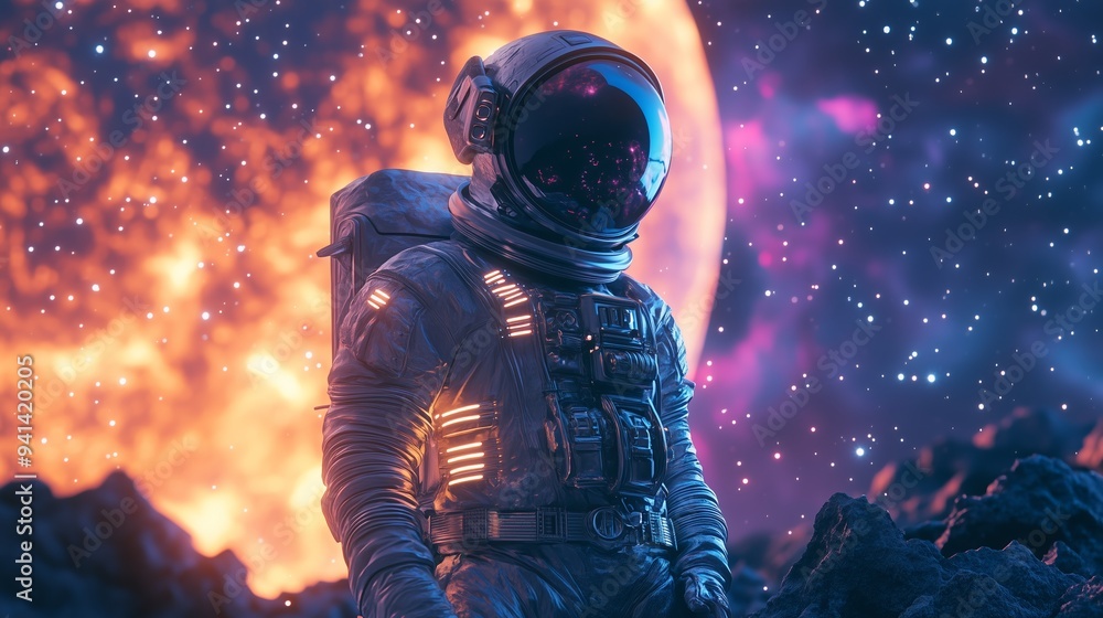 An astronaut in a sleek, glowing suit stands on a rugged alien planet under a starry sky. An astronaut in a sleek, glowing suit stands on a rugged alien planet under a starry sky.