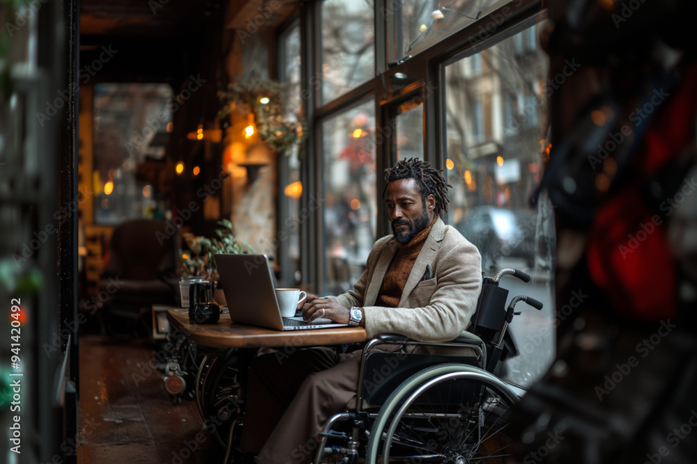 Naklejka premium Focused black disabled man in wheelchair working with documents, using laptop at home office. Handicapped Afro man sitting at desk with computer, checking financial reports.