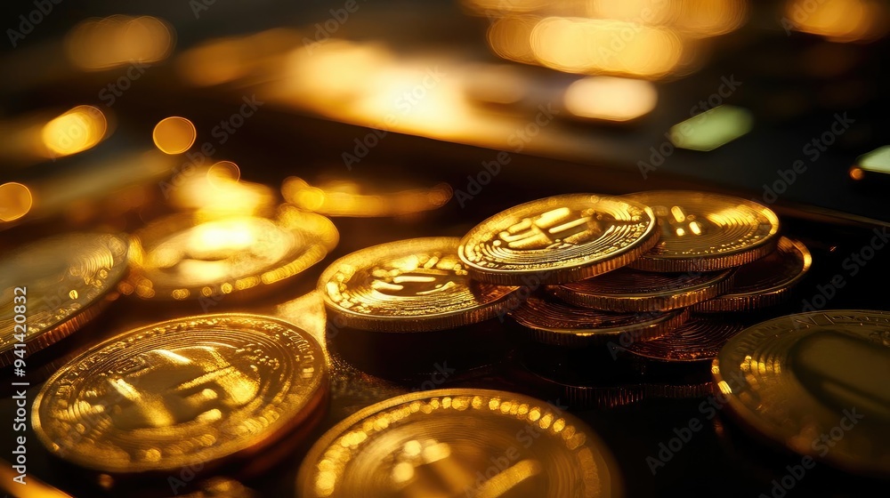 Close-up of shiny golden coins reflecting light, representing wealth, currency, and investment opportunities in a vibrant atmosphere. Close-up of shiny golden coins reflecting light, representing wealth, currency, and investment opportunities in a vibrant atmosphere.