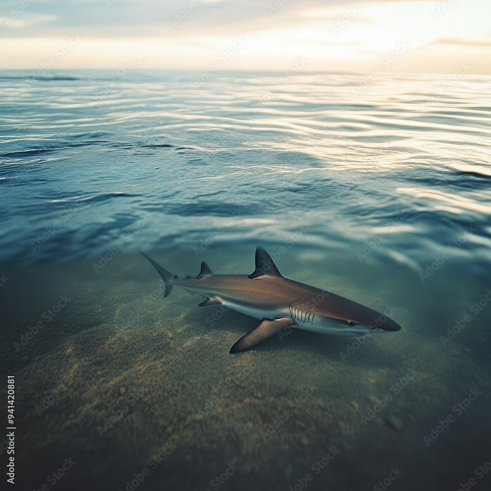 Fototapeta premium Majestic shark gliding through tranquil waters at sunset, showcasing the beauty of marine life in a serene environment.