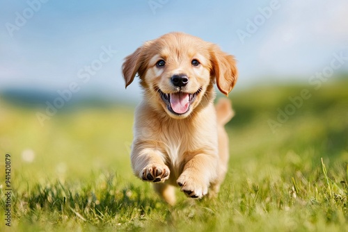 Happy puppy running in green grass, spreading joy and warmth with its playful nature and adorable smile.