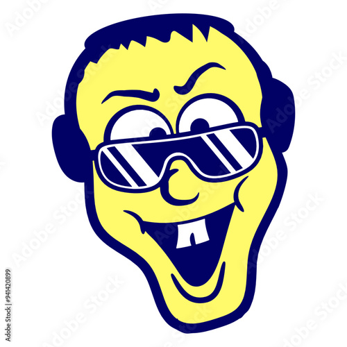 Guy Head Laughing Happy Cheeky Face Music DJ Headphone Sunglasses Party Night Dancing Clubber Raver Comic Humor Cartoon Cool Fun Sound Disco Club Festival Band Concert Techno Raving Discothek Love