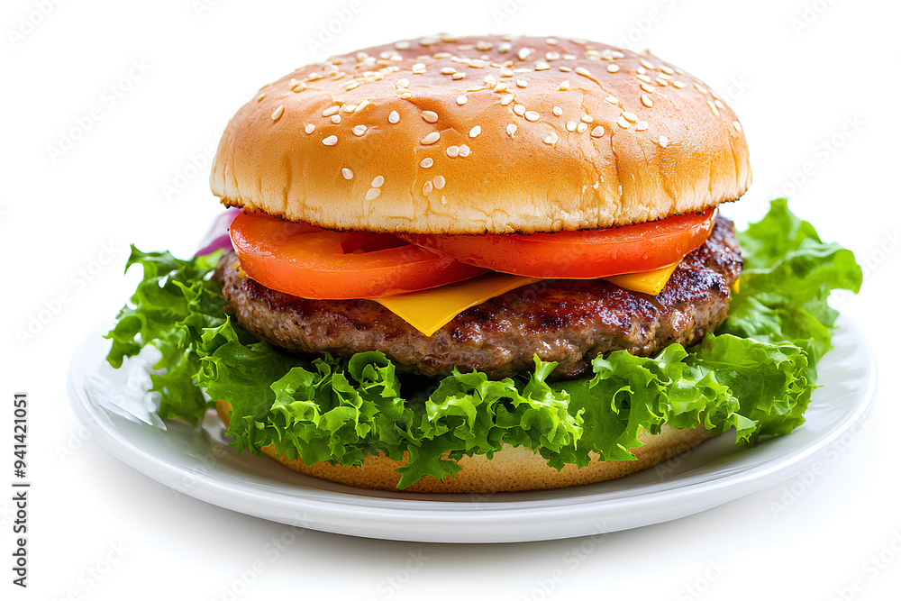 delicious burger on plate isolated on white background, top view, view from front, delicious burger delicious burger on plate isolated on white background, top view, view from front, delicious burger