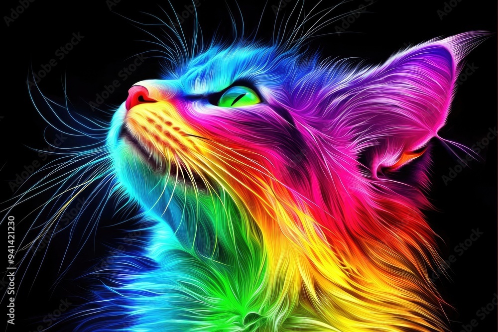 Fototapeta Vibrant and colorful cat portrait showcasing stunning rainbow fur, captivating eyes, and striking details against a dark background.