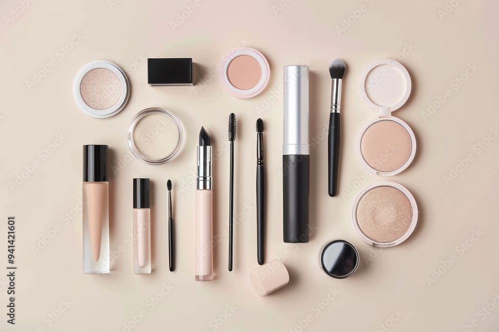 Makeup Products Arranged on a Neutral Background Makeup Products Arranged on a Neutral Background