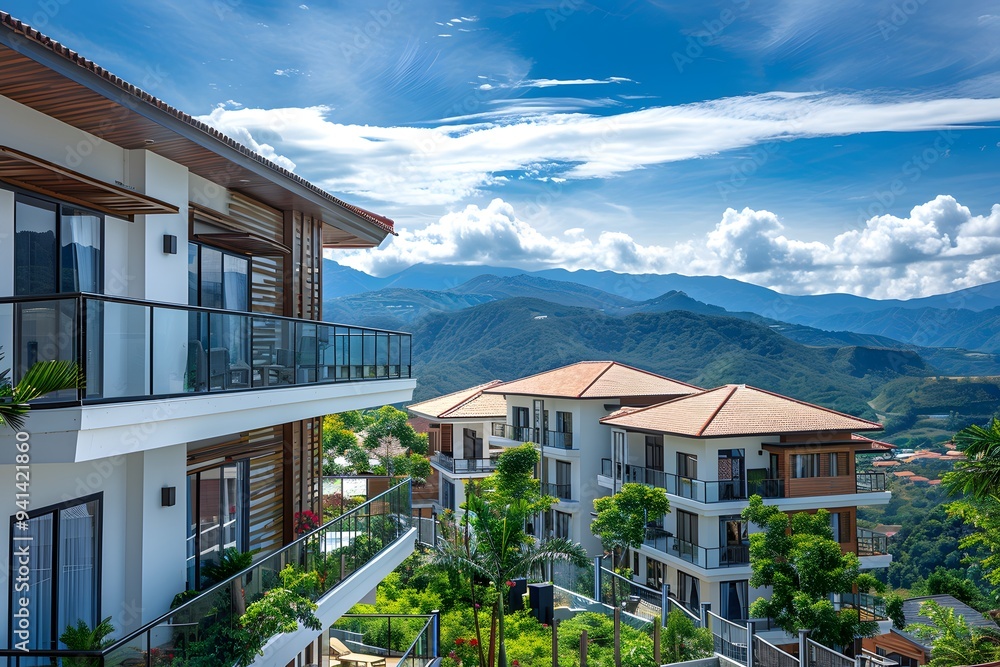 Fototapeta premium Scenic Mountain Resort with Modern Architecture and Lush Greenery