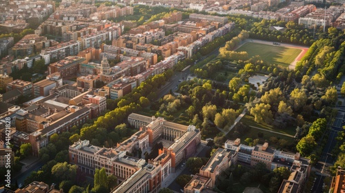 Highlight the educational institutions of Madrid, including universities and schools, nestled within the city's urban fabric in an aerial perspective.