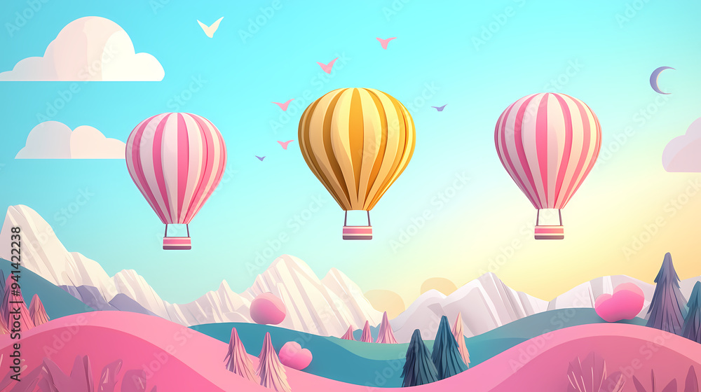 Three Hot Air Balloons Soaring Over a Pastel Landscape Three Hot Air Balloons Soaring Over a Pastel Landscape