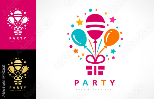 Gift box with balloons logo. Party design.