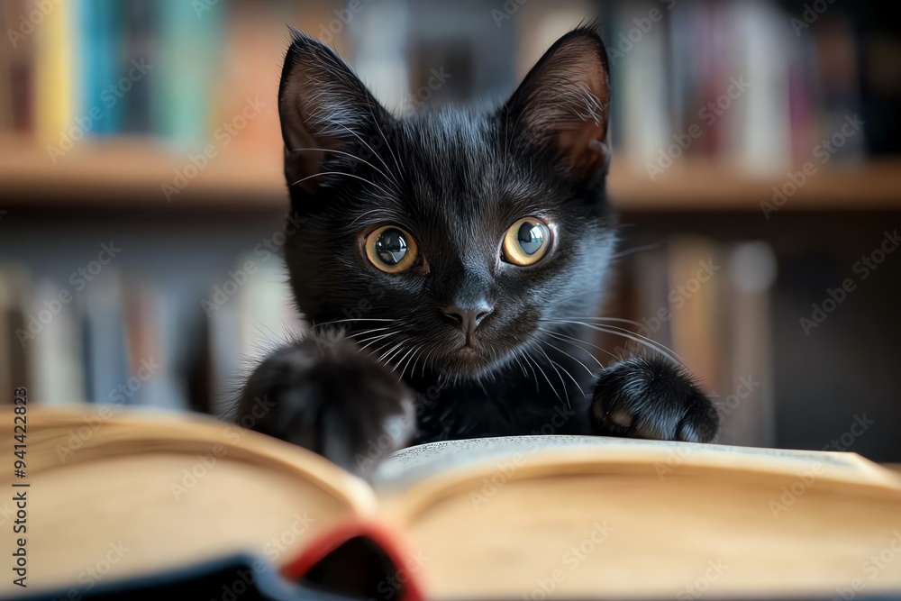 A black cat sitting on a witch’s lap, its paw gently resting on an open spellbook, as if helping to cast a powerful spell A black cat sitting on a witch’s lap, its paw gently resting on an open spellbook, as if helping to cast a powerful spell