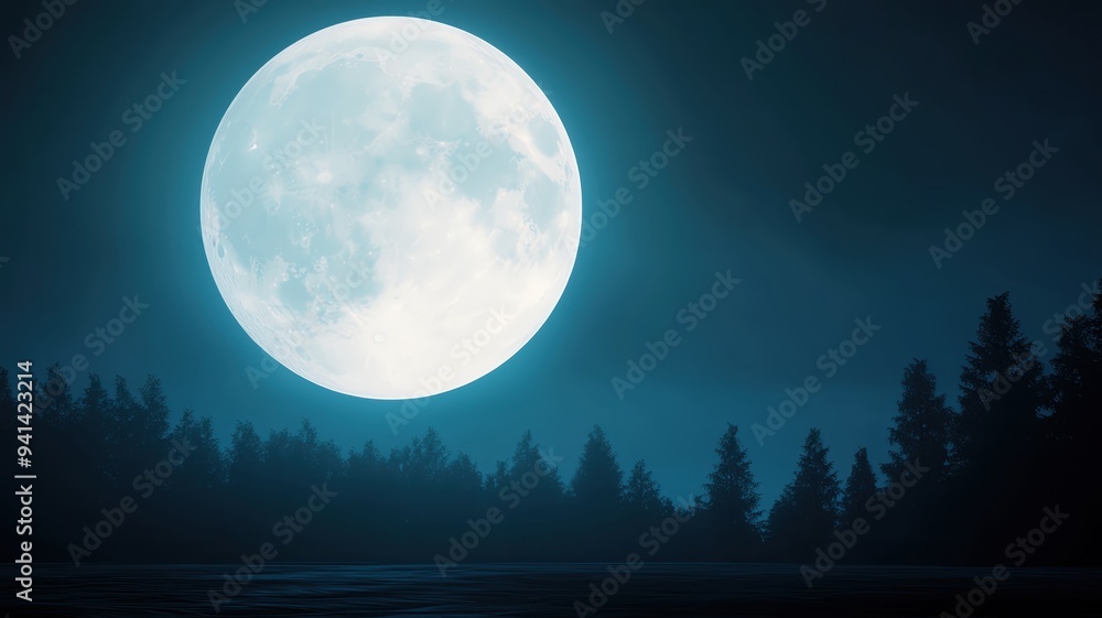 A full moon illuminates a serene forest, casting ethereal light on the trees amidst a tranquil night sky. A full moon illuminates a serene forest, casting ethereal light on the trees amidst a tranquil night sky.