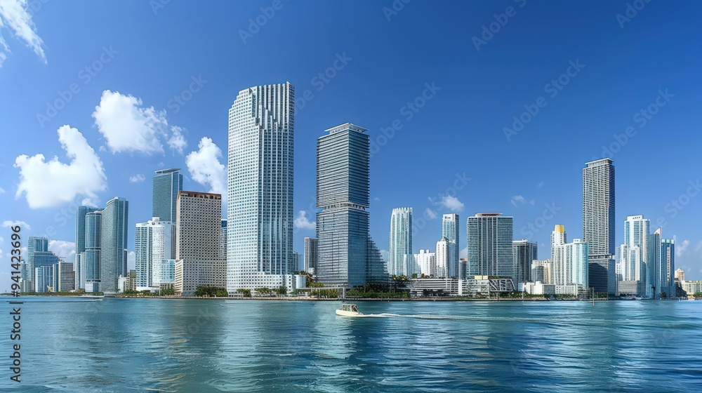 Highlight the Miami skyline during a clear, blue-skied day, showcasing the city's modern architecture Highlight the Miami skyline during a clear, blue-skied day, showcasing the city's modern architecture