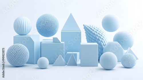 CG Abstract Geometric Shapes: A set of CG geometric shapes, including cubes, spheres, and pyramids, arranged artistically on a white background. 