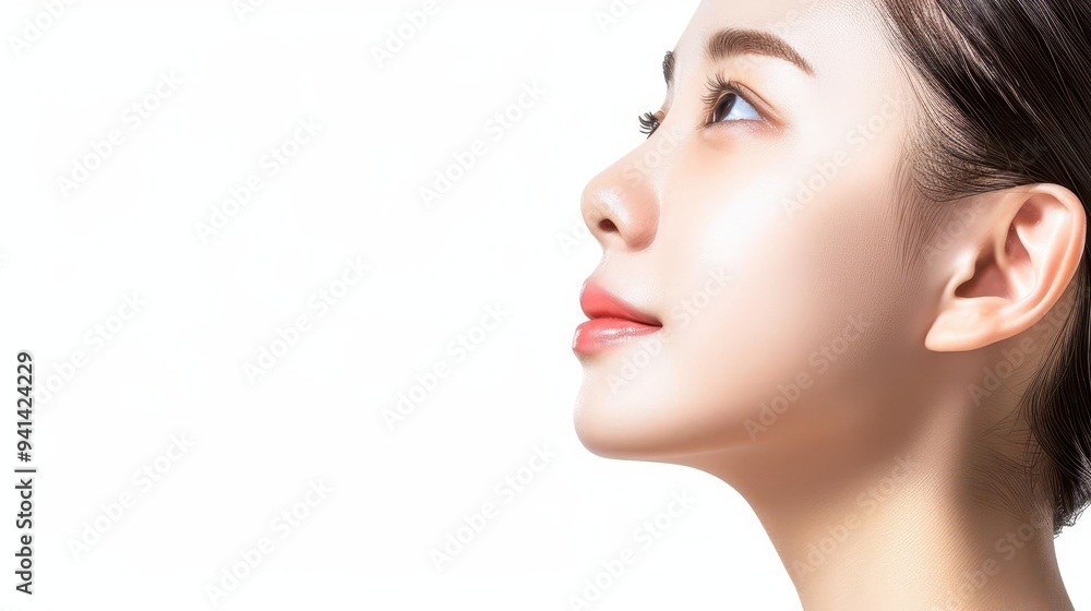 Fototapeta premium Beauty shot of an Asian model with clear, smooth skin, set against a white background, highlighting her youthful glow
