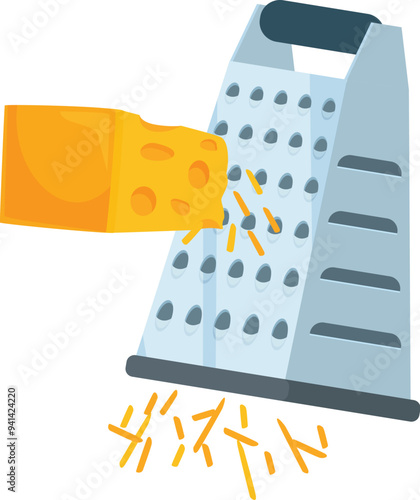 Block of cheese being grated by a metal cheese grater, with cheese shavings falling beneath