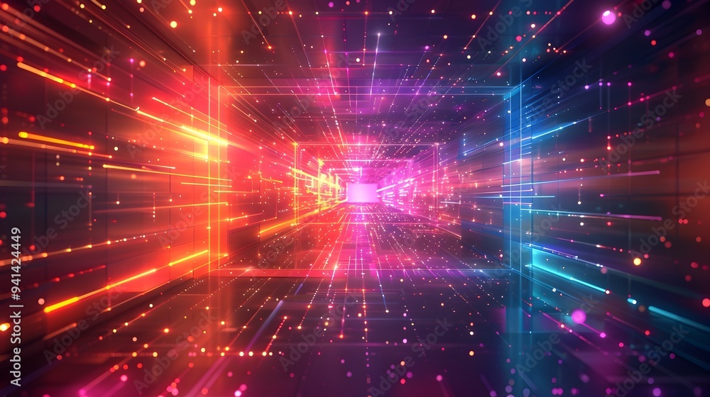 Fototapeta premium Vibrant Cosmic Energy Rays Emanating from Futuristic Digital Realm