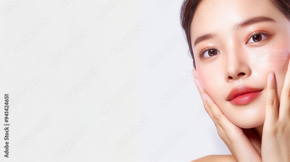 Detailed close-up of an Asian model's face with perfect skin and fresh complexion, on a white background for skincare promotions Detailed close-up of an Asian model's face with perfect skin and fresh complexion, on a white background for skincare promotions