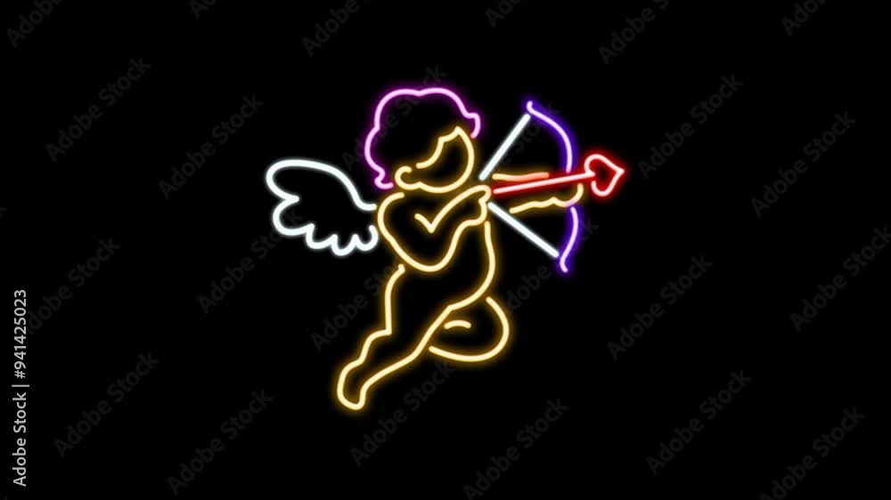 Baby angel icon neon animated. Flying angels with arrows and bow Baby angel icon neon animated. Flying angels with arrows and bow