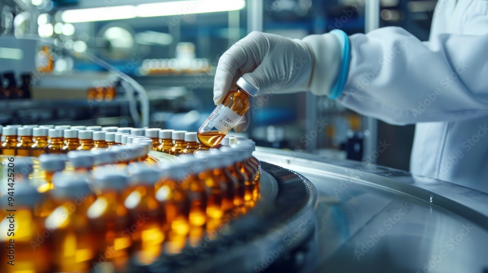 In a pharmaceutical laboratory, a scientist is carefully handling a vial as part of health science and medical technology experiments, focusing on precision and safety in their research In a pharmaceutical laboratory, a scientist is carefully handling a vial as part of health science and medical technology experiments, focusing on precision and safety in their research