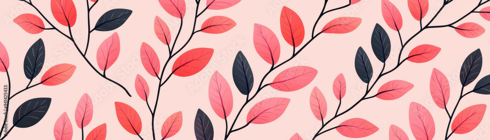 Fototapeta premium pattern of red and black leaves on a pastel background, perfect for textiles, wallpapers, and decorative designs.