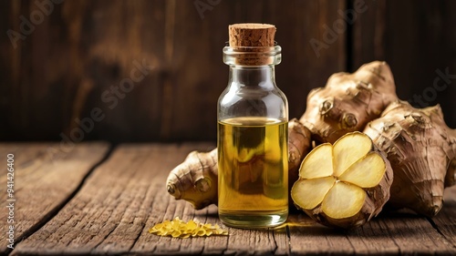 a small bottle of ginger essential oil isolated background