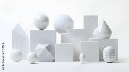 CG Abstract Geometric Shapes: A set of CG geometric shapes, including cubes, spheres, and pyramids, arranged artistically on a white background. 