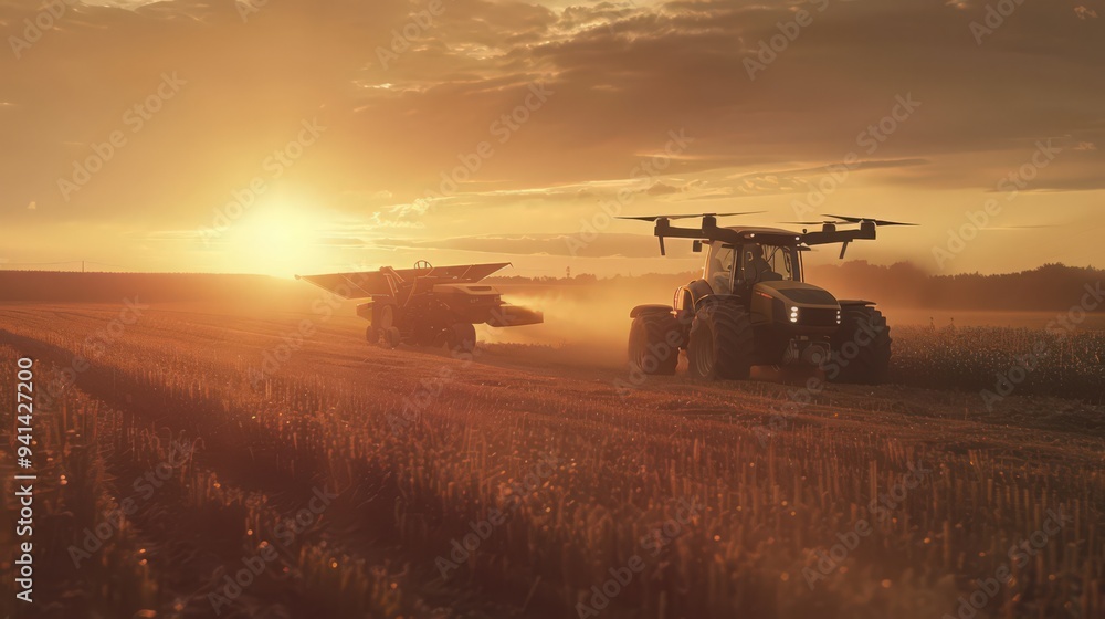 Highlight the use of advanced robotics in precision agriculture, with drones and automated tractors working together Highlight the use of advanced robotics in precision agriculture, with drones and automated tractors working together