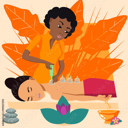 Cup massage. Treatments by professional therapist in spa. Vacuum therapy. Isolated flat vector illustration. African and Eastern ethnicity.