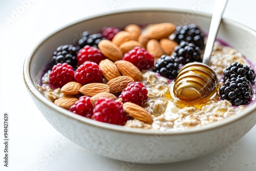 A healthy breakfast spread featuring a bowl of overnight oats topped with almonds, berries, and honey, with a spoon dipped into the bowl